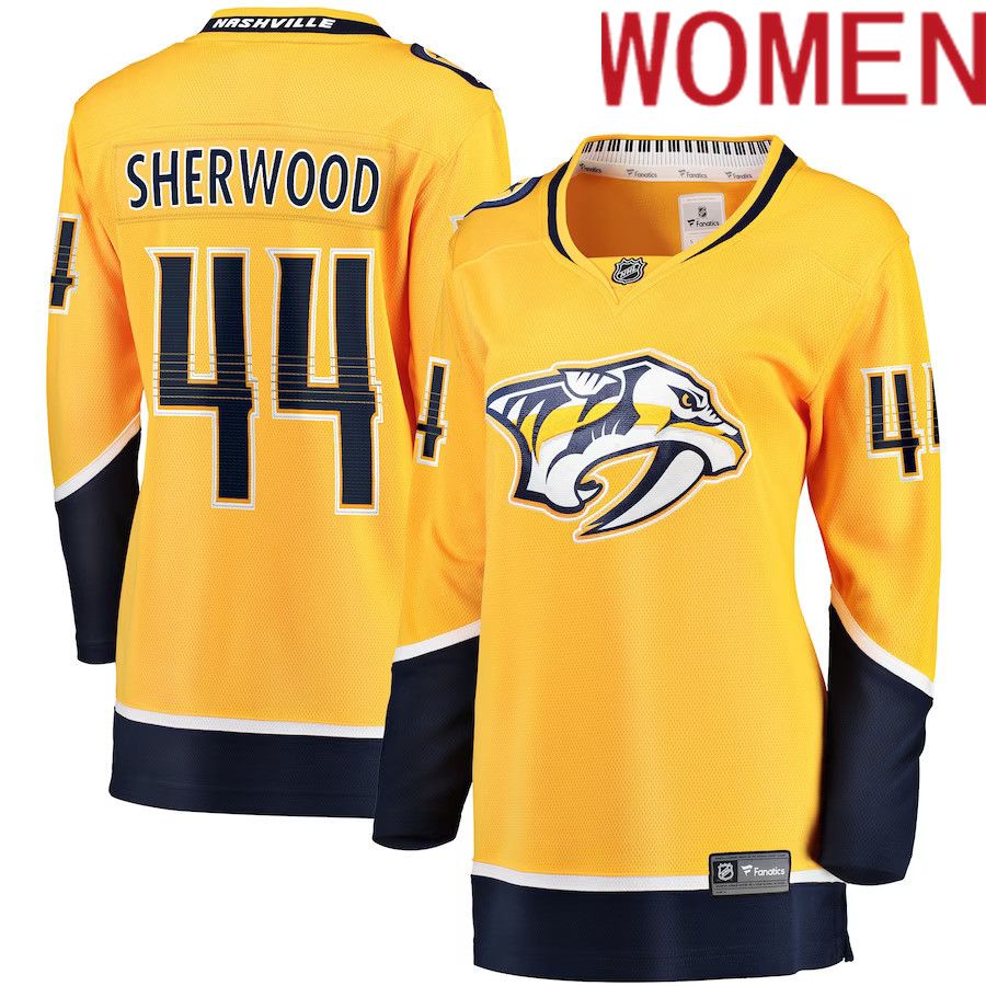 Women Nashville Predators 44 Kiefer Sherwood Fanatics Branded Gold Home Breakaway Player NHL Jersey